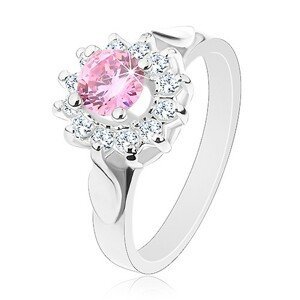 Prsten ve stříbrném odstínu, růžovo-čirý zirkonový květ, lesklé lístky - Velikost: 57