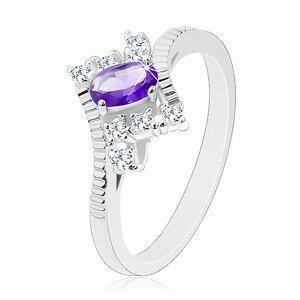 Třpytivý prsten ve stříbrném odstínu, fialový ovál, čiré zirkony - Velikost: 50
