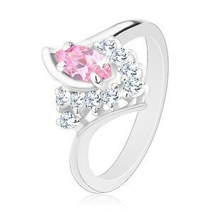 Prsten ve stříbrném odstínu se zahnutými rameny, růžovo-čiré zirkony - Velikost: 57