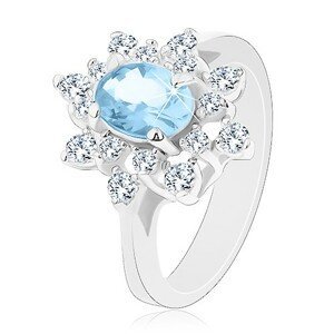 Prsten ve stříbrné barvě, světle modrý oválný zirkon, čiré zirkonové lupínky - Velikost: 60