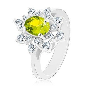 Prsten se stříbrným odstínem, blýskavý zeleno-čirý květ - Velikost: 49