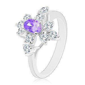 Blýskavý prsten, stříbrný odstín, fialový zirkonový ovál, čiré zirkonky - Velikost: 52