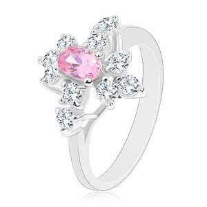 Třpytivý prsten ve stříbrné barvě, růžový ovál, čiré zirkonky - Velikost: 49