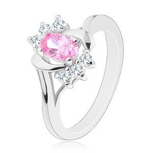 Prsten stříbrné barvy, velký růžový ovál, hladké a zirkonové oblouky - Velikost: 60