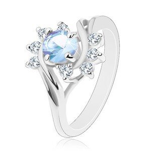 Prsten ve stříbrném odstínu, kulatý světle modrý zirkon, blýskavé čiré oblouky - Velikost: 53