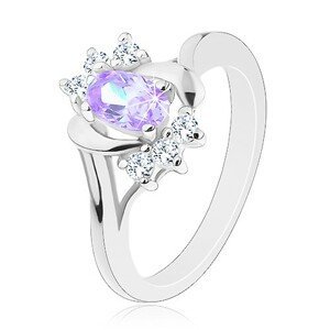 Prsten ve stříbrném odstínu, světle fialový ovál, lesklé obloučky, čiré zirkonky - Velikost: 56
