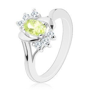 Prsten ve stříbrném odstínu, oválný světle zelený zirkon, oblouky, čiré zirkonky - Velikost: 54