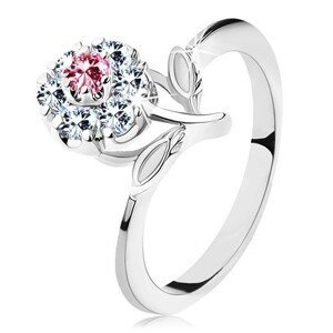 Lesklý prsten s růžovo-čirým zirkonovým kvítkem, stonek s lístky - Velikost: 55