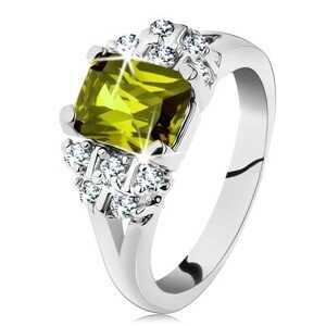 Prsten ve stříbrném odstínu, obdélníkový zirkon v zelené barvě, čiré zirkonky - Velikost: 54