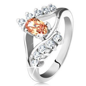 Prsten ve stříbrné barvě s rozdělenými rameny, oranžový ovál, čiré linie zirkonů - Velikost: 51