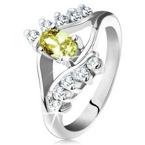 Lesklý prsten ve stříbrné barvě, hladké a zirkonové linie, světle zelený ovál - Velikost: 54