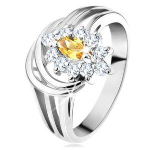 Třpytivý prsten s rozdělenými rameny, zrnkovitý zirkon ve žluté barvě, čirý lem - Velikost: 55