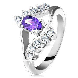 Lesklý prsten ve stříbrném odstínu s fialovým oválným zirkonem, čirá linie - Velikost: 56