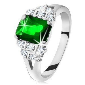 Blýskavý prsten ve stříbrné barvě, smaragdově zelený zirkon, rozdělená ramena - Velikost: 51