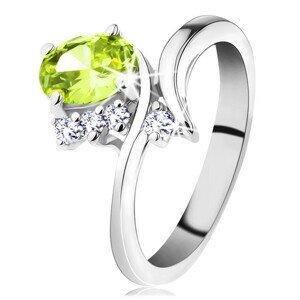 Prsten se zahnutými rameny, broušené zirkony ve světle zelené a čiré barvě - Velikost: 51