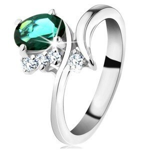 Prsten ve stříbrné barvě, úzká ohnutá ramena, tmavě zelený oválný zirkon - Velikost: 56