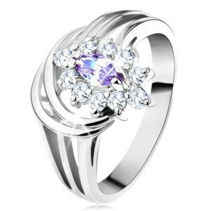 Lesklý prsten se stříbrnou barvou, světle fialové zrnko s čirými lupínky - Velikost: 49