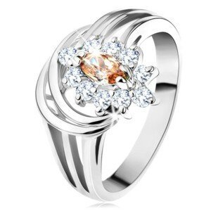Lesklý prsten se stříbrným odstínem, květ ze světlehnědo-čirých zirkonů - Velikost: 54