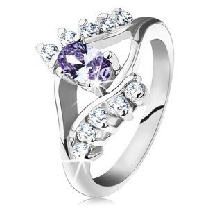 Prsten ve stříbrné barvě, světle fialový oválný zirkon, čiré zirkonové linie - Velikost: 51
