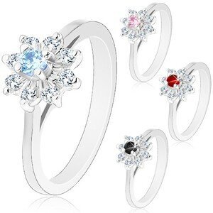 Třpytivý prsten se stříbrným odstínem, zúžená ramena, zirkonový kvítek - Velikost: 50, Barva: Růžová
