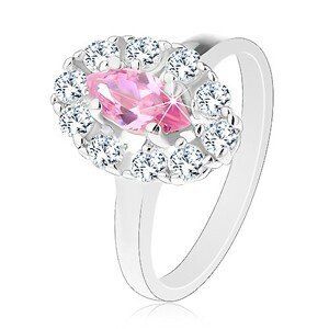 Blýskavý prsten s růžovým broušeným zrnkem, oválný lem z čirých zirkonků - Velikost: 50