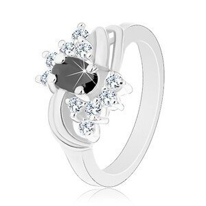 Prsten ve stříbrném odstínu s hladkými lesklými oblouky, černo-čiré zirkony - Velikost: 54