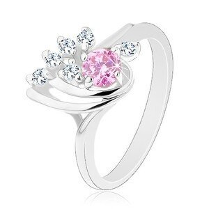 Blýskavý prsten, asymetrická kapka zdobená zirkony čiré a růžové barvy - Velikost: 50