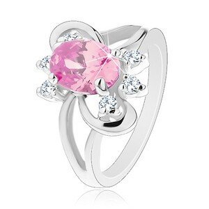 Prsten s broušeným oválným zirkonem v růžové barvě, lesklé obloučky - Velikost: 52