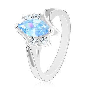 Prsten ve stříbrném odstínu se zahnutými rameny, modré zirkonové zrnko - Velikost: 50