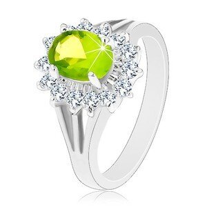 Blýskavý prsten s rozdělenými rameny, zirkonový ovál v zelené barvě - Velikost: 50