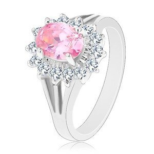 Prsten se zirkonovým květem v růžové a čiré barvě, rozdělená ramena - Velikost: 53