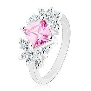 Prsten stříbrné barvy, broušený zirkonový čtverec růžové barvy, čiří motýli - Velikost: 51