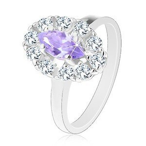 Prsten ve stříbrném odstínu, světle fialové zrnko s čirou zirkonovou obrubou - Velikost: 55