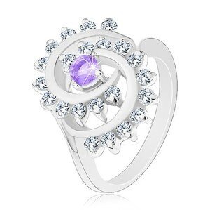 Blýskavý prsten s ozdobnou spirálou s čirým lemem, světle fialový zirkon - Velikost: 52