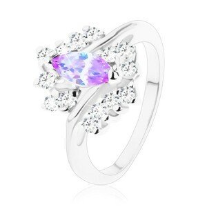 Třpytivý prsten se světle fialovým zrnkem, zvlněná řada čirých zirkonů - Velikost: 51