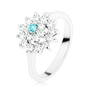 Prsten se zúženými rameny, čirý kruh, zirkonový akvamarínovo-čirý květ - Velikost: 58