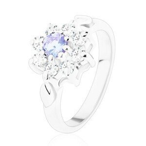 Třpytivý prsten se zirkonovým kvítkem ve světle fialové a čiré barvě, lístky - Velikost: 49