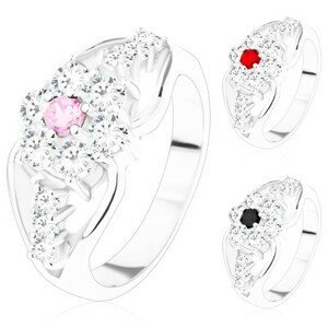 Prsten se zirkonovým květem a rozdělenými rameny, trojice čirých zirkonů - Velikost: 59, Barva: Růžová