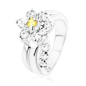 Zářivý prsten, oddělený zirkonový čirý stonek, kvítek ve žluté a čiré barvě - Velikost: 49