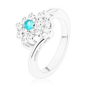 Třpytivý prsten ve stříbrném odstínu, obdélník v čiré a světle modré barvě - Velikost: 51