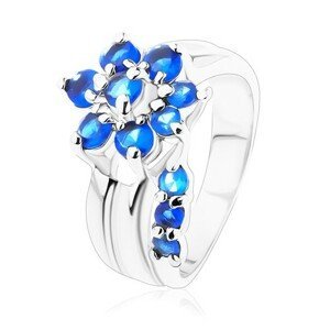 Třpytivý prsten s rozdělenými rameny, zirkonový květ v modrém odstínu - Velikost: 49