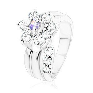 Blýskavý prsten, ohnutý stonek, zirkonový květ ve světle fialové a čiré barvě - Velikost: 51