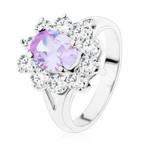 Třpytivý prsten s rozdělenými rameny, broušené zirkony ve světle fialové a čiré barvě - Velikost: 52