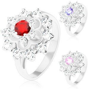 Třpytivý prsten ve stříbrném odstínu, kontura květu, kulaté zirkony - Velikost: 54, Barva: Světle fialová