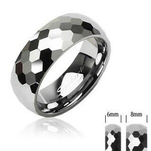 Wolframový prsten stříbrné barvy, broušené lesklé šestihrany, 6 mm - Velikost: 64