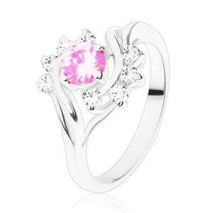 Lesklý prsten s úzkými rameny ve stříbrné barvě, růžový zirkon, čirý oblouk - Velikost: 51