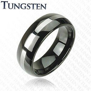 Černý prsten z wolframu, pás stříbrné barvy, zaoblený povrch, 8 mm - Velikost: 56
