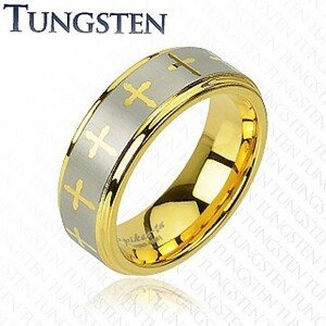 Wolframový prsten ve zlatém odstínu, křížky a pás stříbrné barvy, 8 mm - Velikost: 49