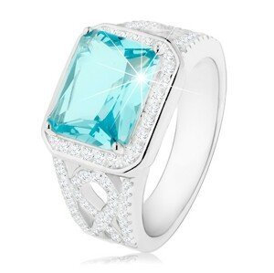 Stříbrný 925 prsten, ramena s ornamentem, světle modrý zirkon, čirá obruba - Velikost: 50