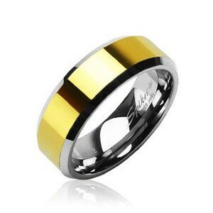 Wolframový prsten se zkosenými hranami a středovým pásem ve zlaté barvě, 8 mm - Velikost: 67